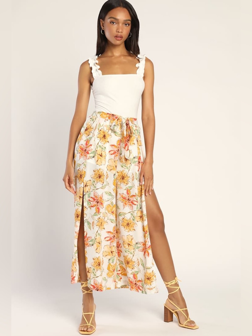 Lulus Vibrant Blooms White Floral Print Flyaway Wide-Leg Pants